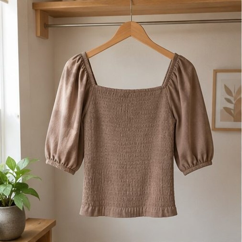 Taupe Smocked Puff Sleeve Top